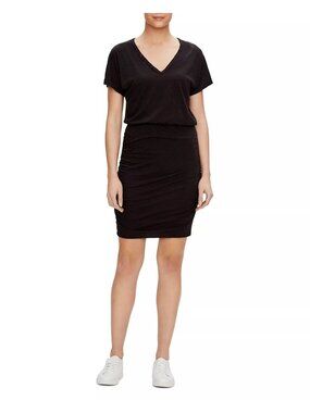 Michael Stars Odessa Dress Size XS VNeck Short Sleeve Ruched Skirt Black Stretch